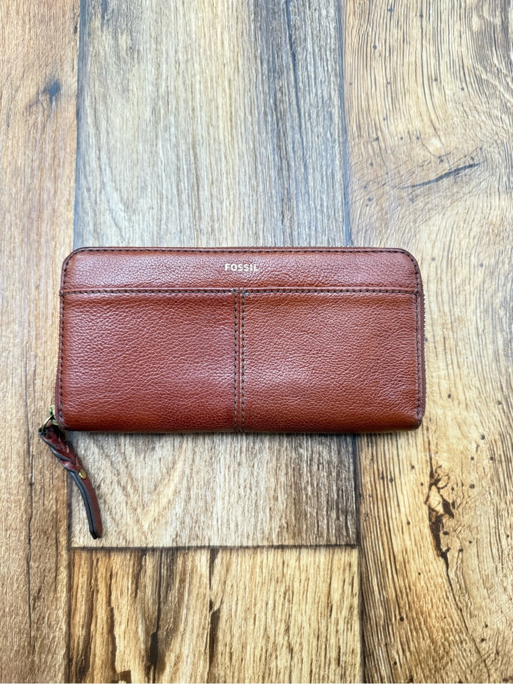 Fossil Tara Leather Zip Around Clutch Wallet Brown Cognac Organizer Boho